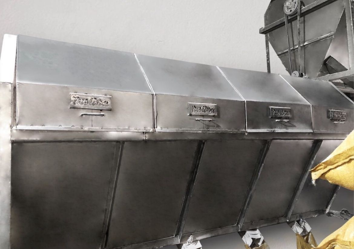 Full side view of Yusibra stainless-steel Himalayan salt processing equipment with multiple discharge sections