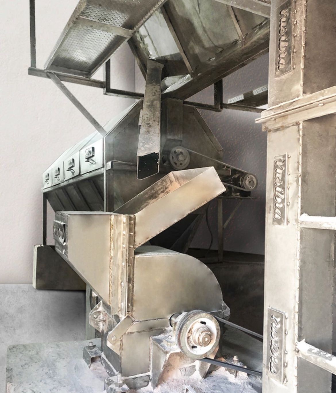 Stainless-steel Himalayan salt processing hopper and drive mechanism at the Yusibra facility in Pakistan